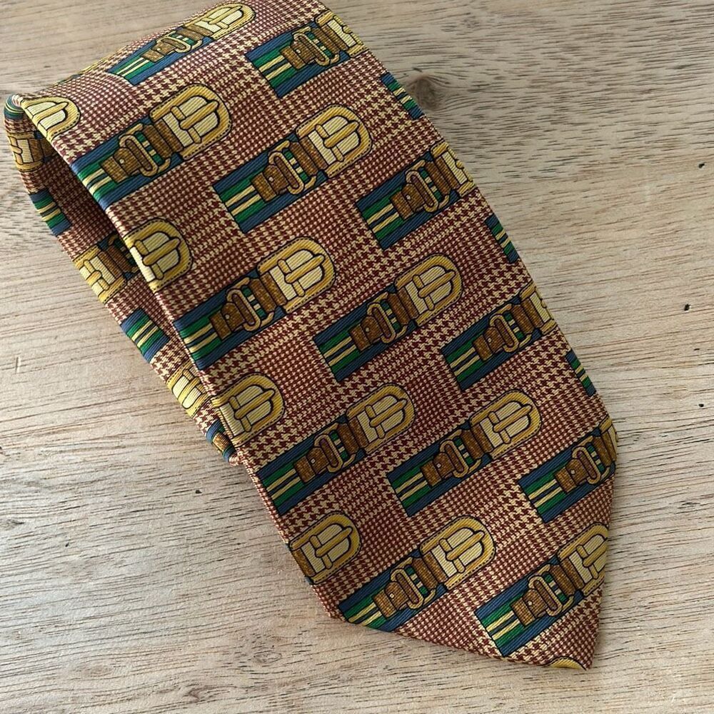 Harrods vintage tie with belt design gold blue 100% silk made in England